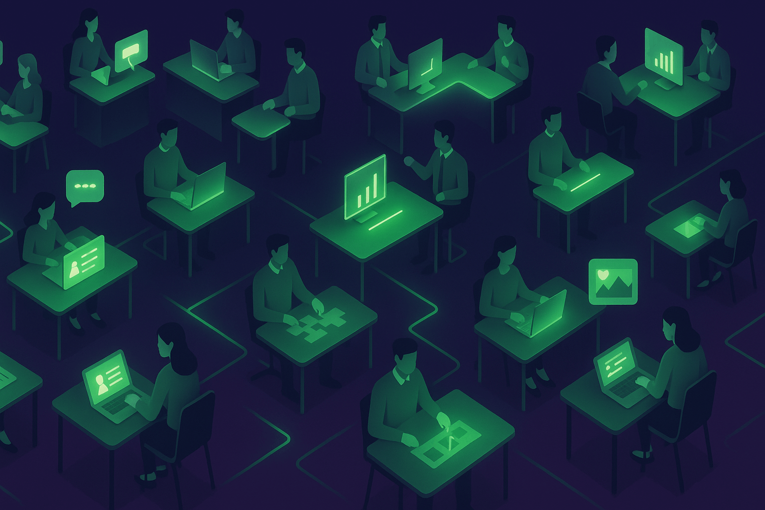 Illustration of people working on laptops with green glow on a dark background
