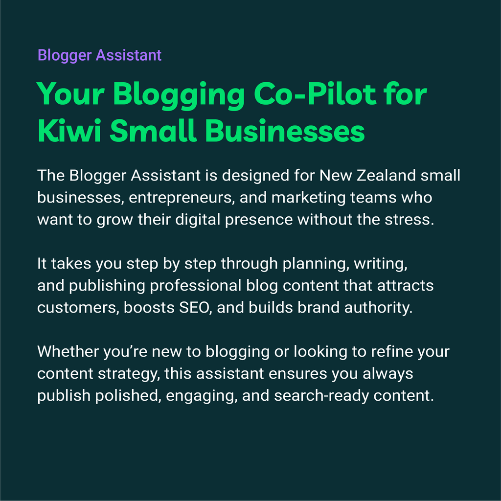 Promotional text for a blogging assistant service on a dark background
