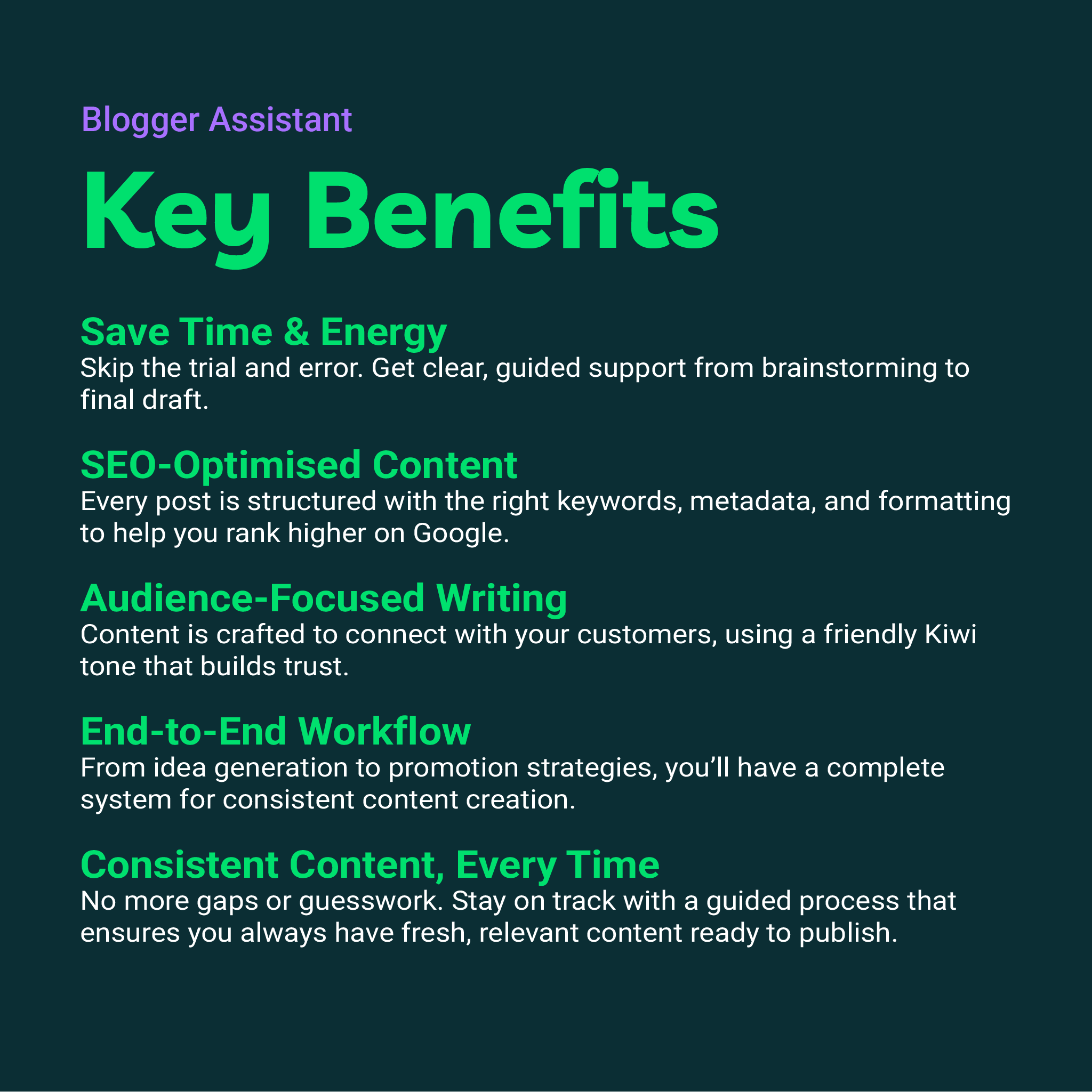 List of key benefits for a blogging assistant on a dark background