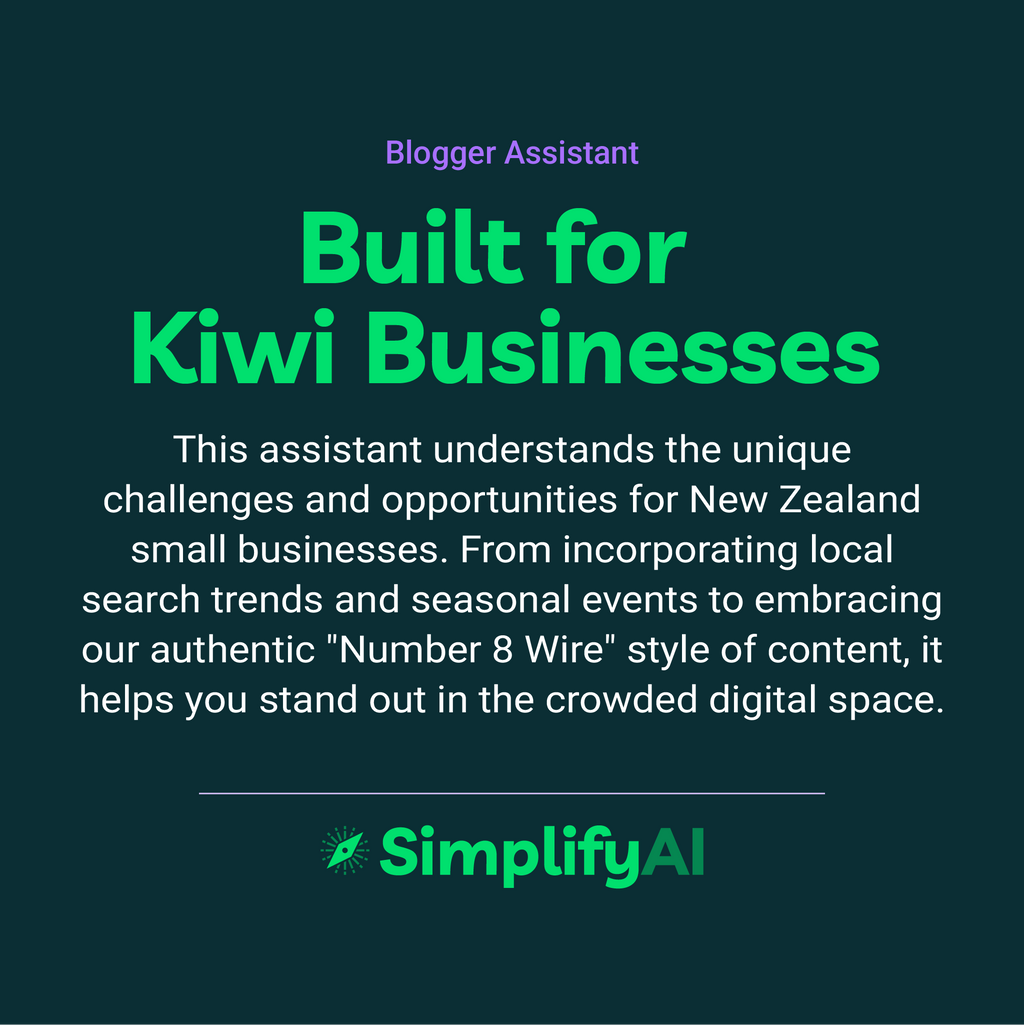 Promotional text for SimplifyAI's Blogger Assistant, highlighting its focus on Kiwi businesses.