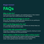 FAQs section for a blogger assistant service on a dark background