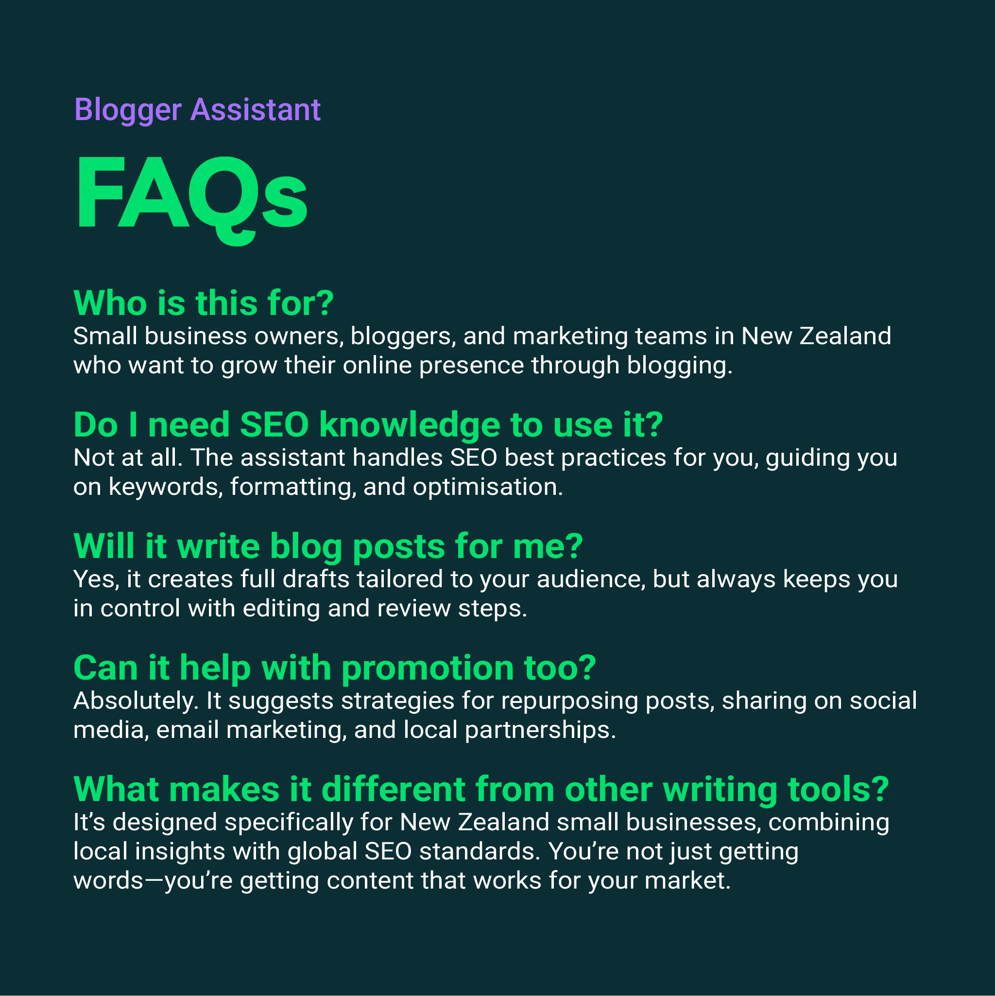 FAQs section for a blogger assistant service on a dark background