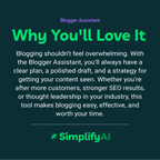 Promotional text for SimplifyAI's Blogger Assistant on a dark green background