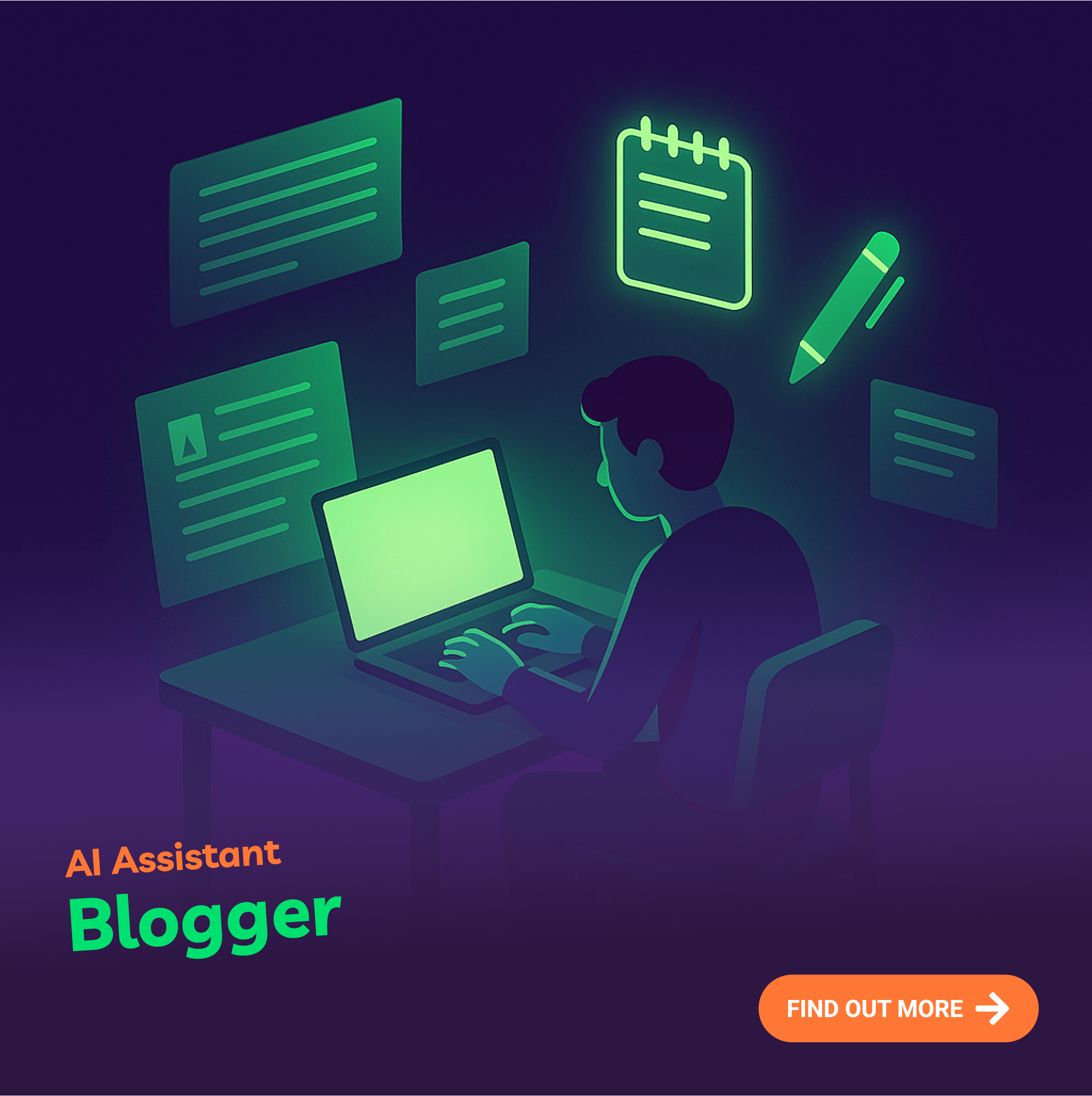 Illustration of a person using a laptop with digital tools on a dark background, featuring the text 'AI Assistant Blogger'.