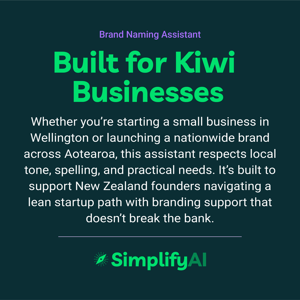 Promotional text for SimplifyAI's brand naming assistant on a dark green background