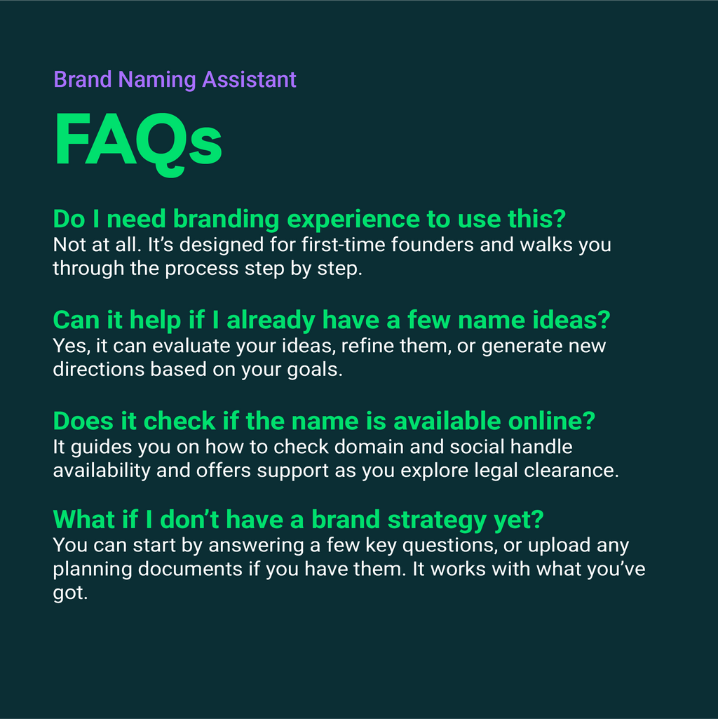 FAQs about a brand naming assistant on a dark background