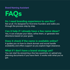 FAQs about a brand naming assistant on a dark background