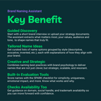 Promotional text for a brand naming assistant with key benefits on a dark background.