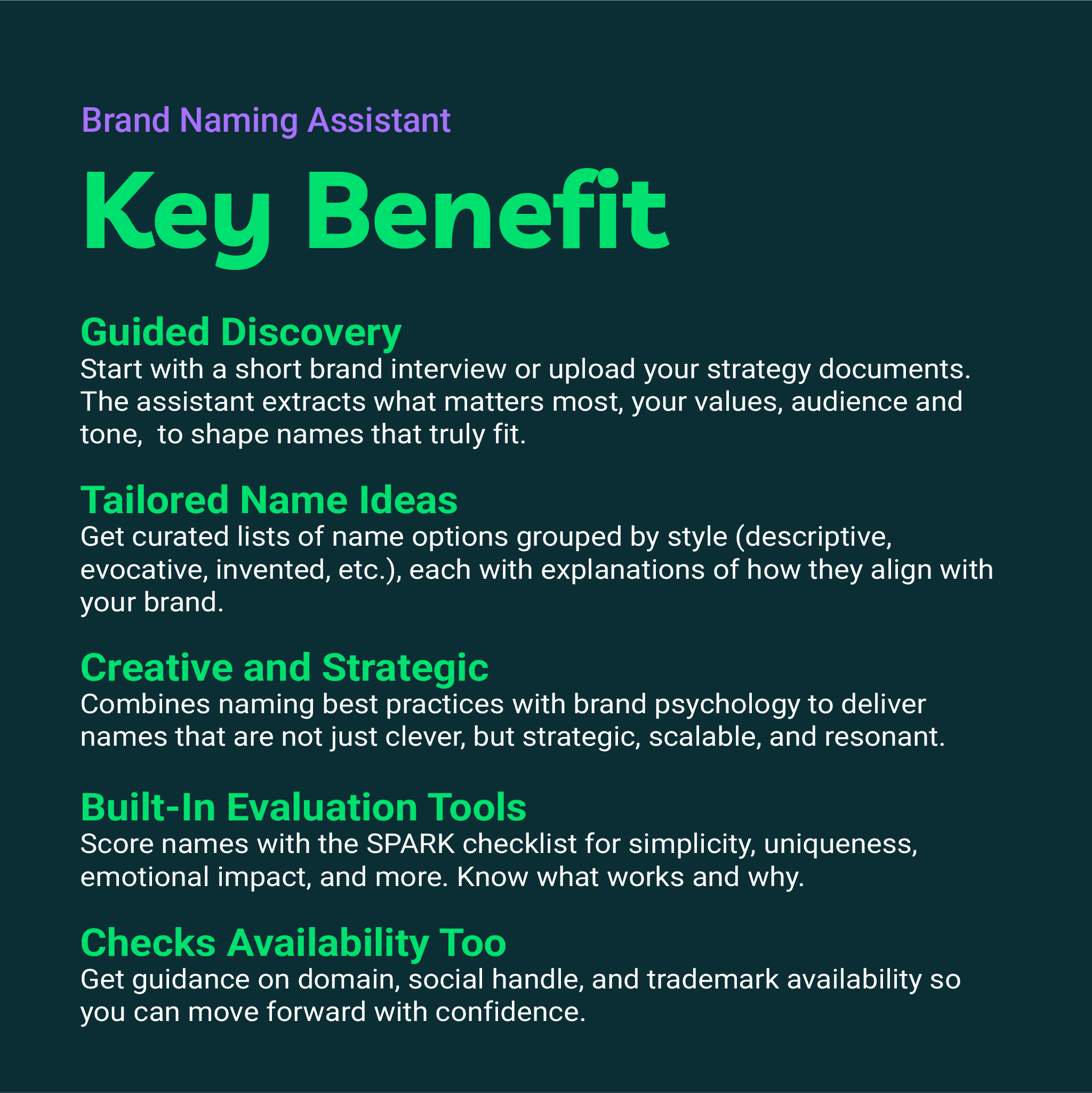 Promotional text for a brand naming assistant with key benefits on a dark background.