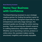 Promotional text for a brand naming assistant service on a dark background