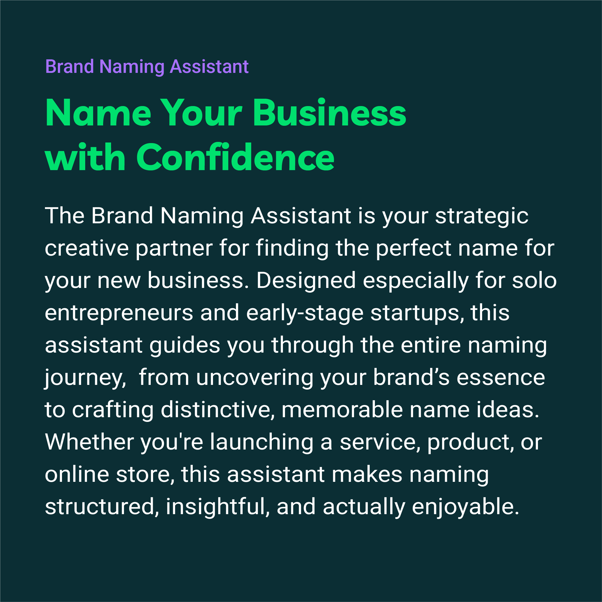 Promotional text for a brand naming assistant service on a dark background