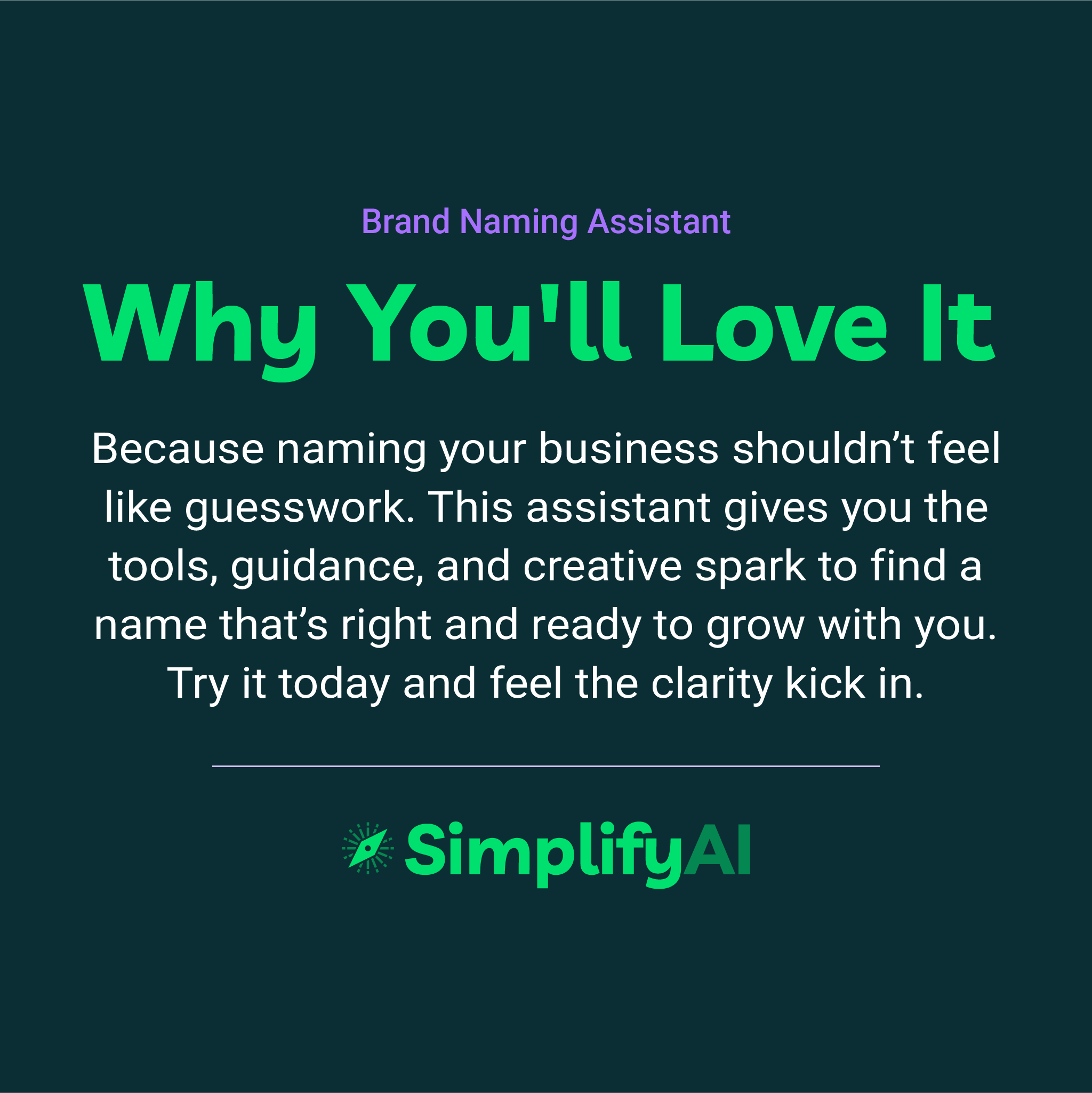 Promotional text for SimplifyAI's brand naming assistant on a dark green background.