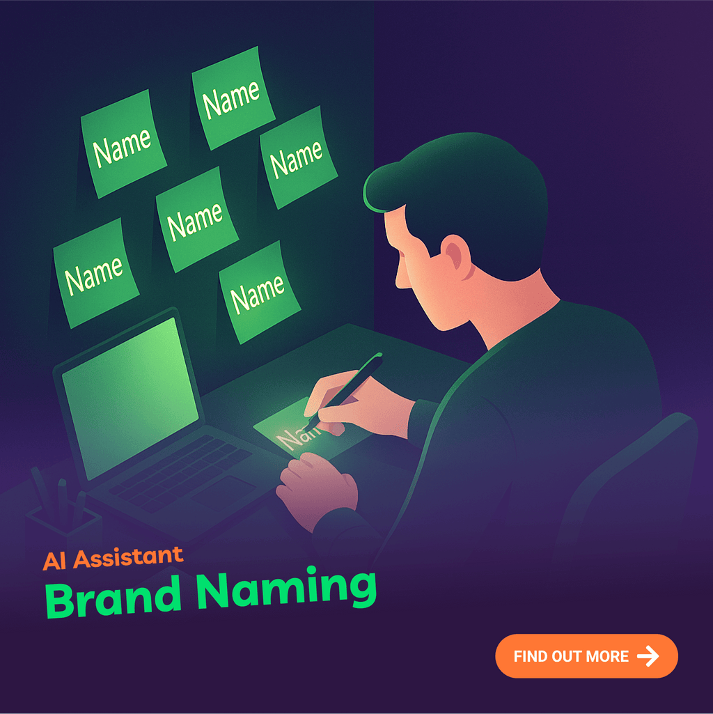 Illustration of a person using an AI assistant for brand naming with text and laptop on a dark background.