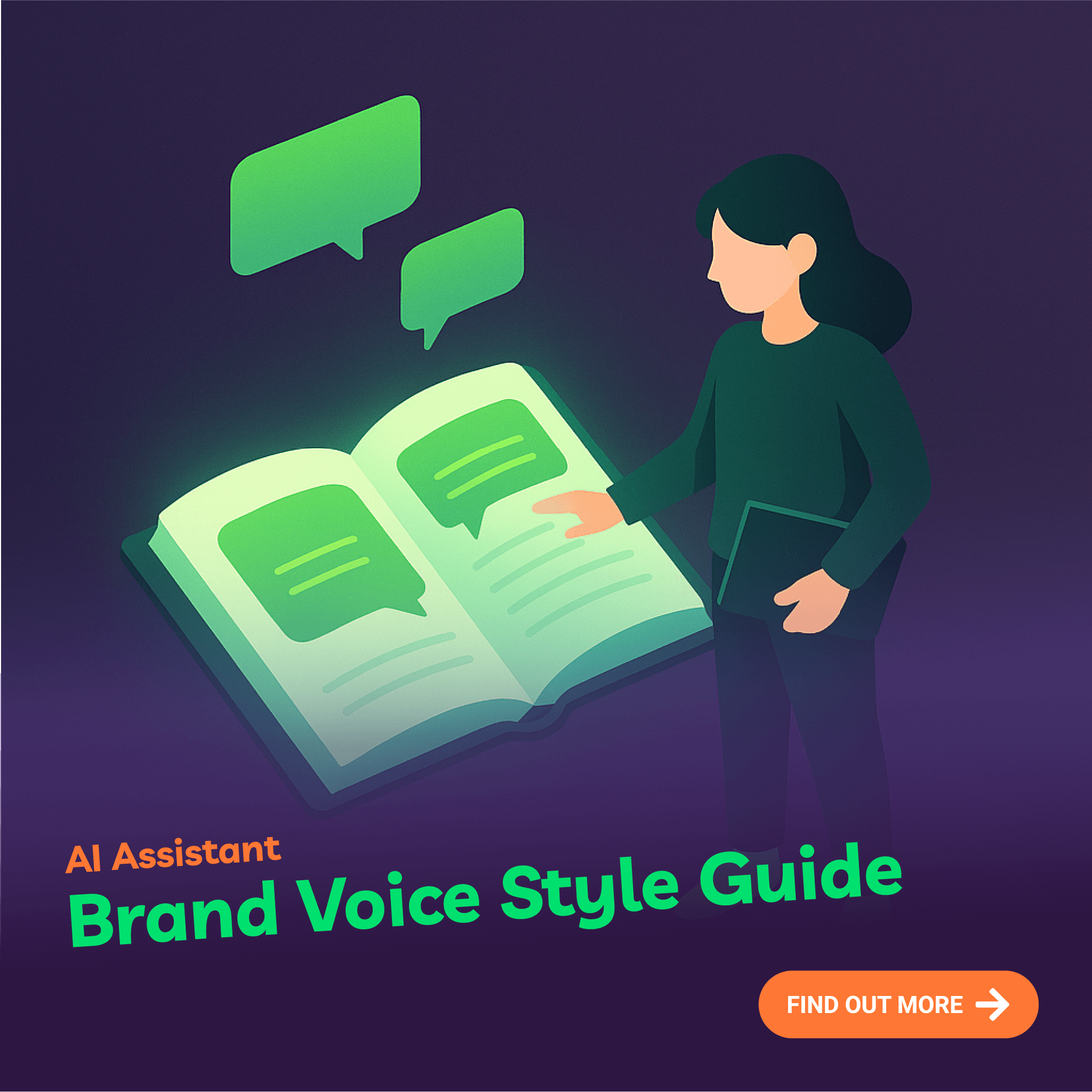 Illustration of a person holding an open book with glowing green text bubbles, on a dark purple background. Text 'AI Assistant Brand Voice Style Guide' and 'Find Out More' button are present.