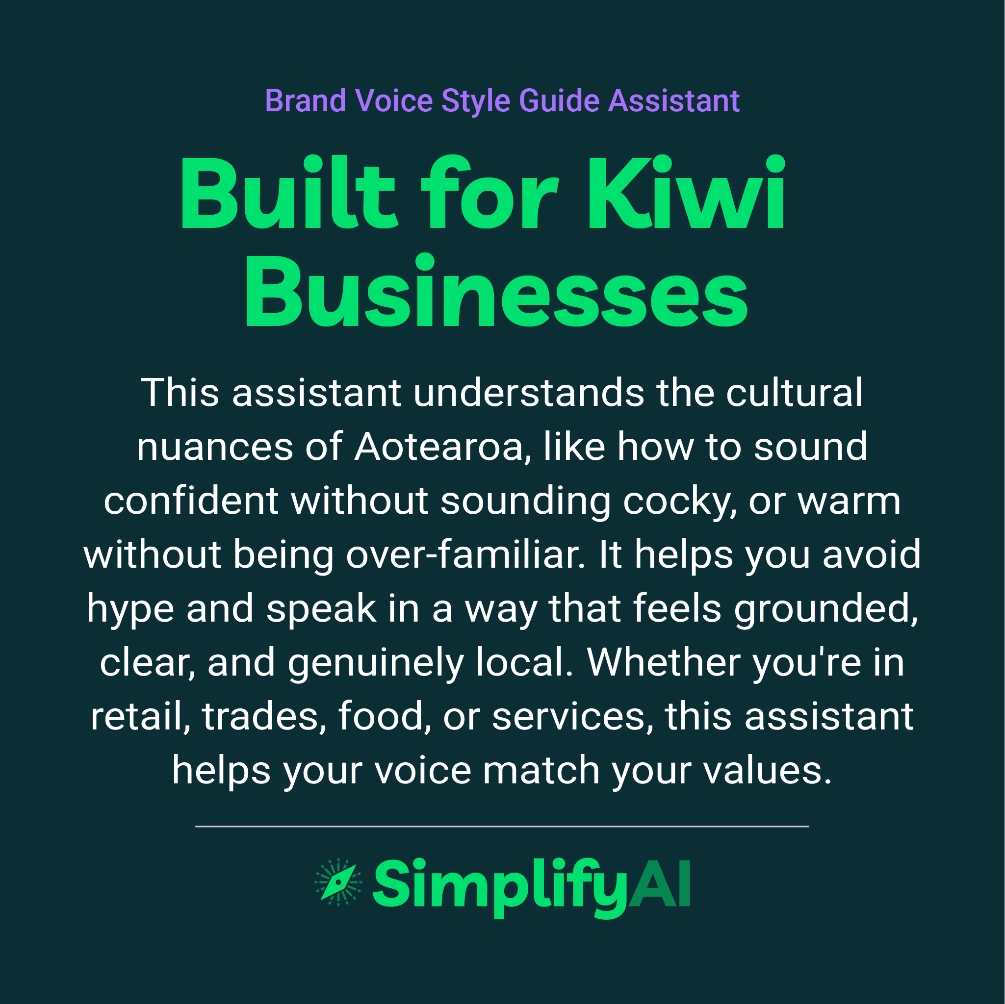 Promotional text for SimplifyAI's brand voice style guide assistant on a dark background