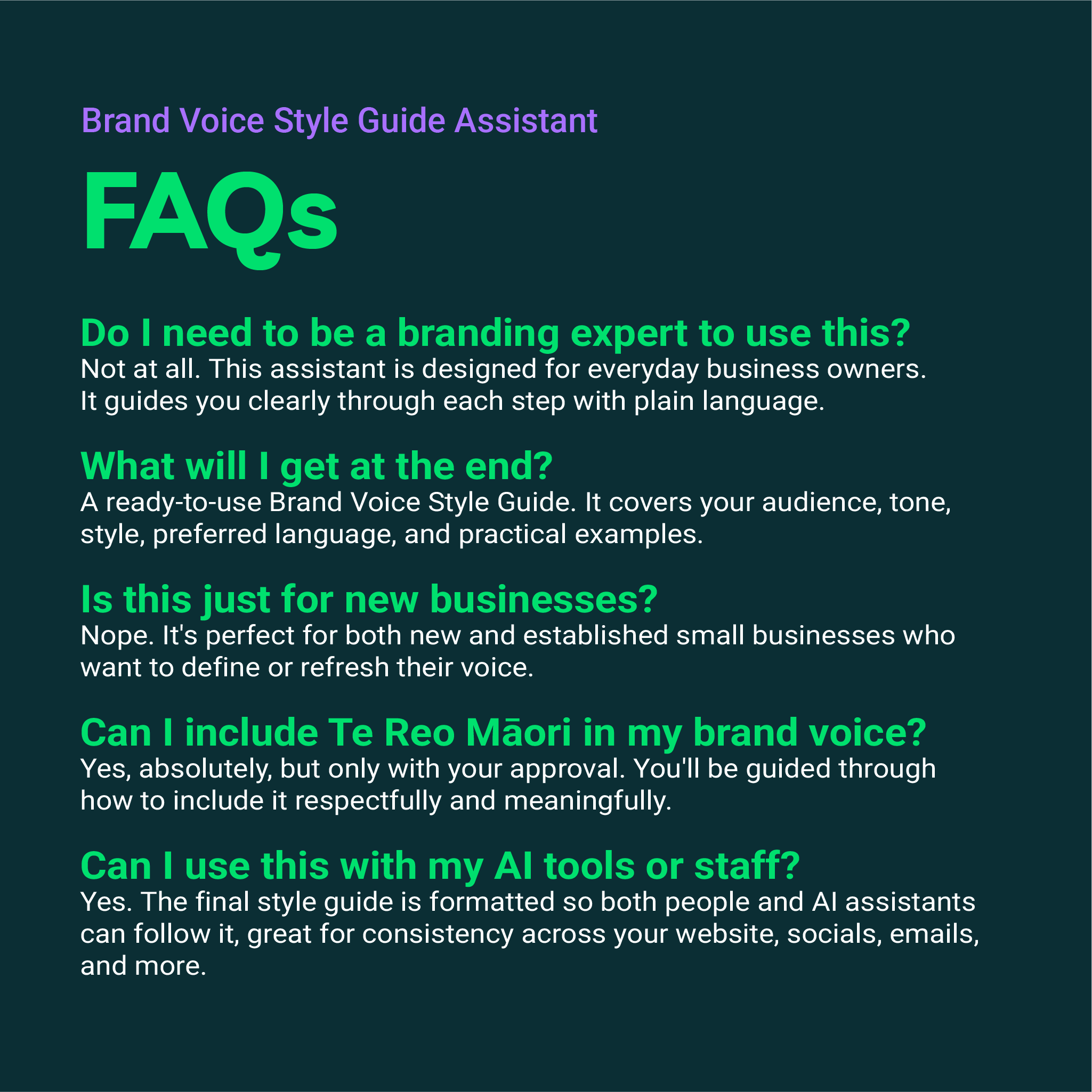 FAQs section of a Brand Voice Style Guide Assistant on a dark background