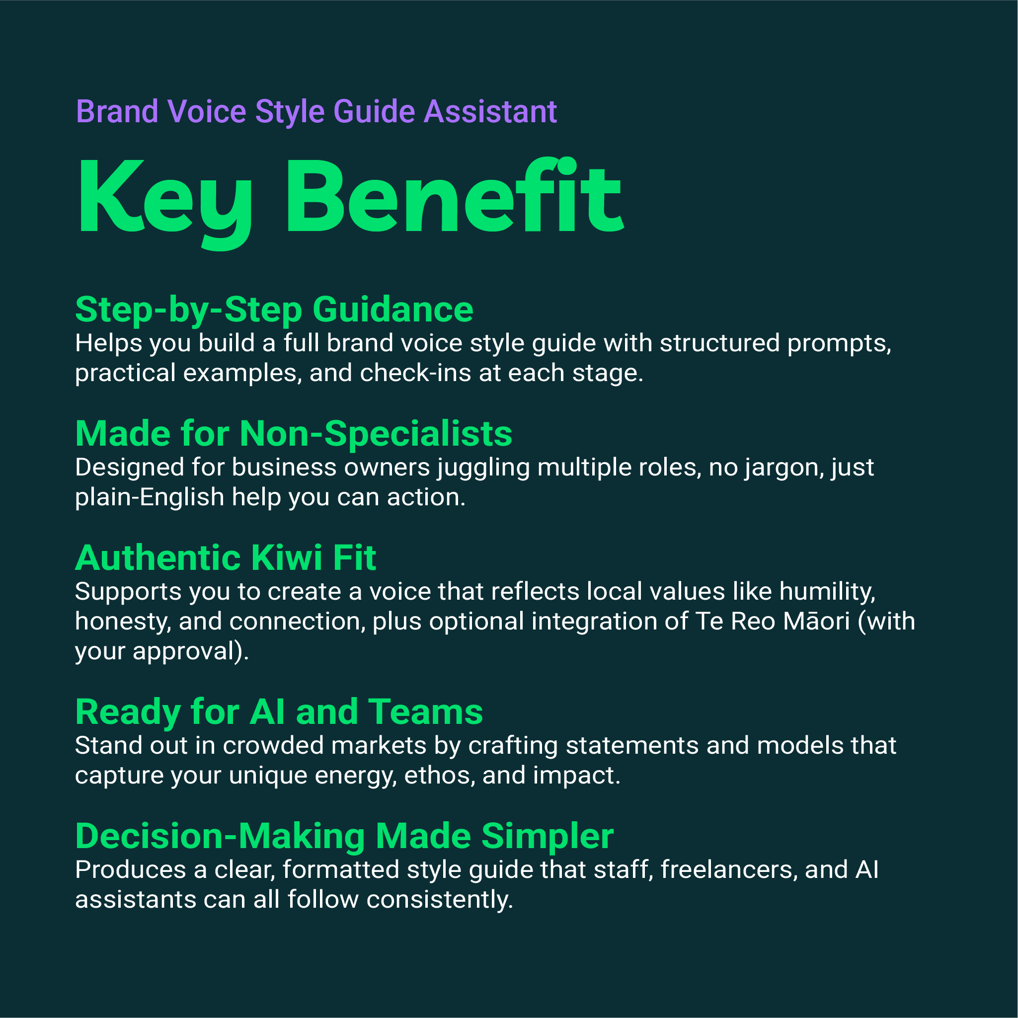 Promotional text for a brand voice style guide assistant on a dark background
