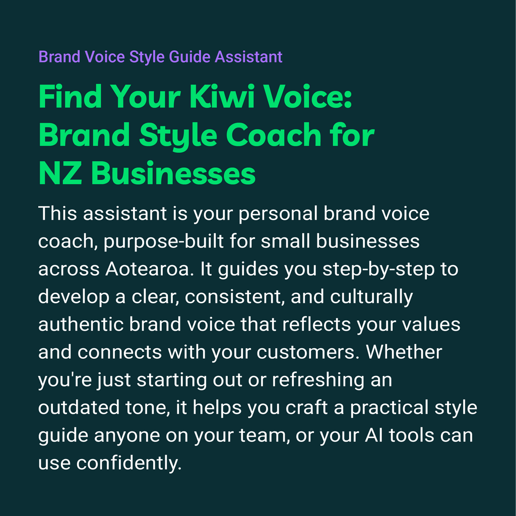 Promotional text for a brand style coach for NZ businesses on a dark background