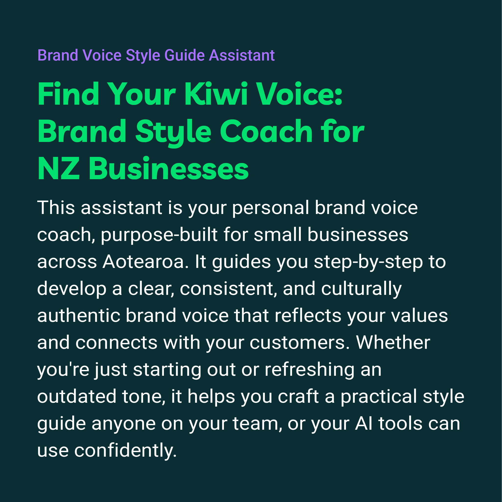 Promotional text for a brand style coach for NZ businesses on a dark background