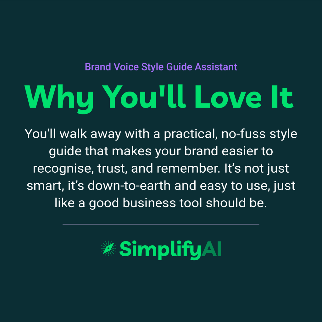 Promotional text for SimplifyAI's Brand Voice Style Guide Assistant on a dark background