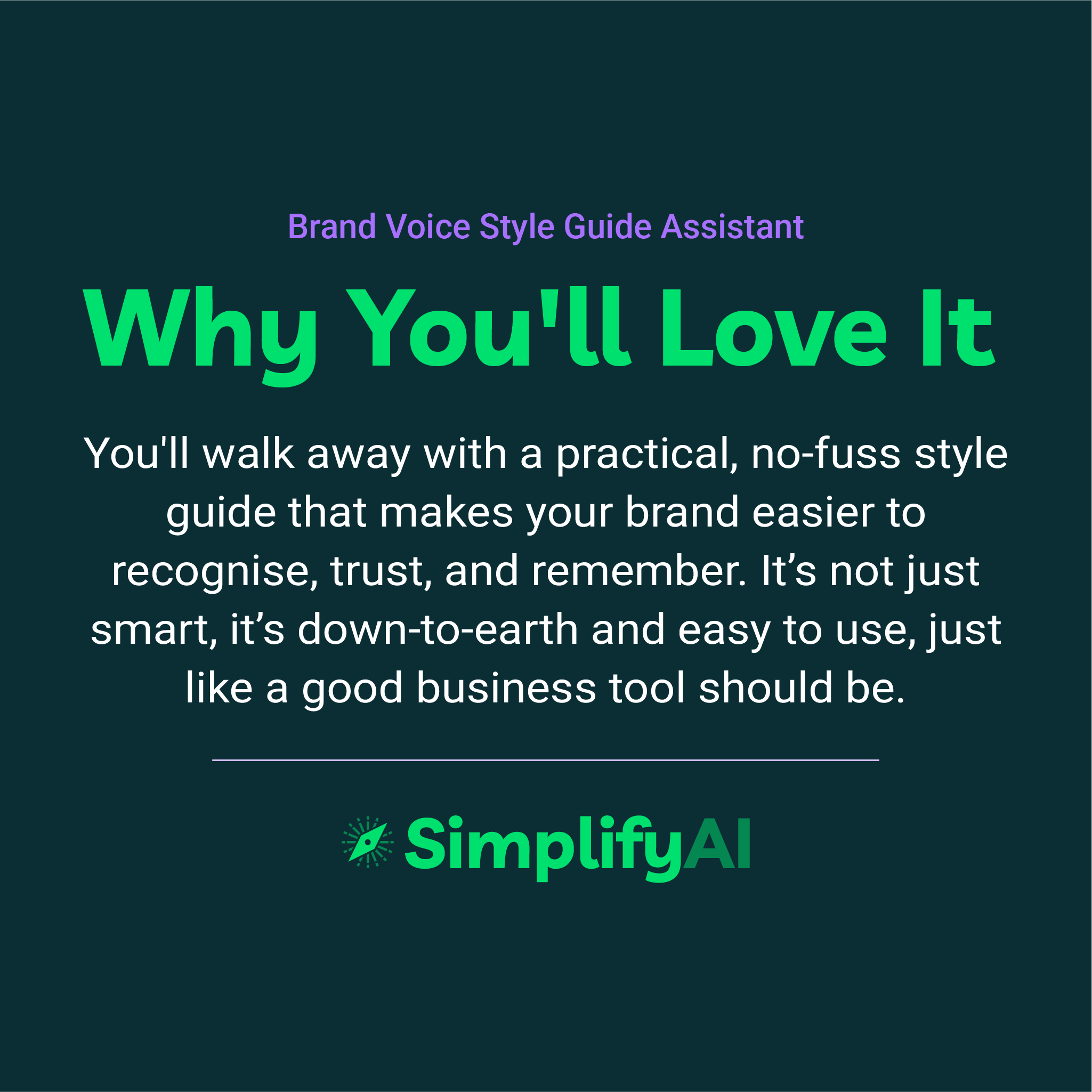 Promotional text for SimplifyAI's Brand Voice Style Guide Assistant on a dark background