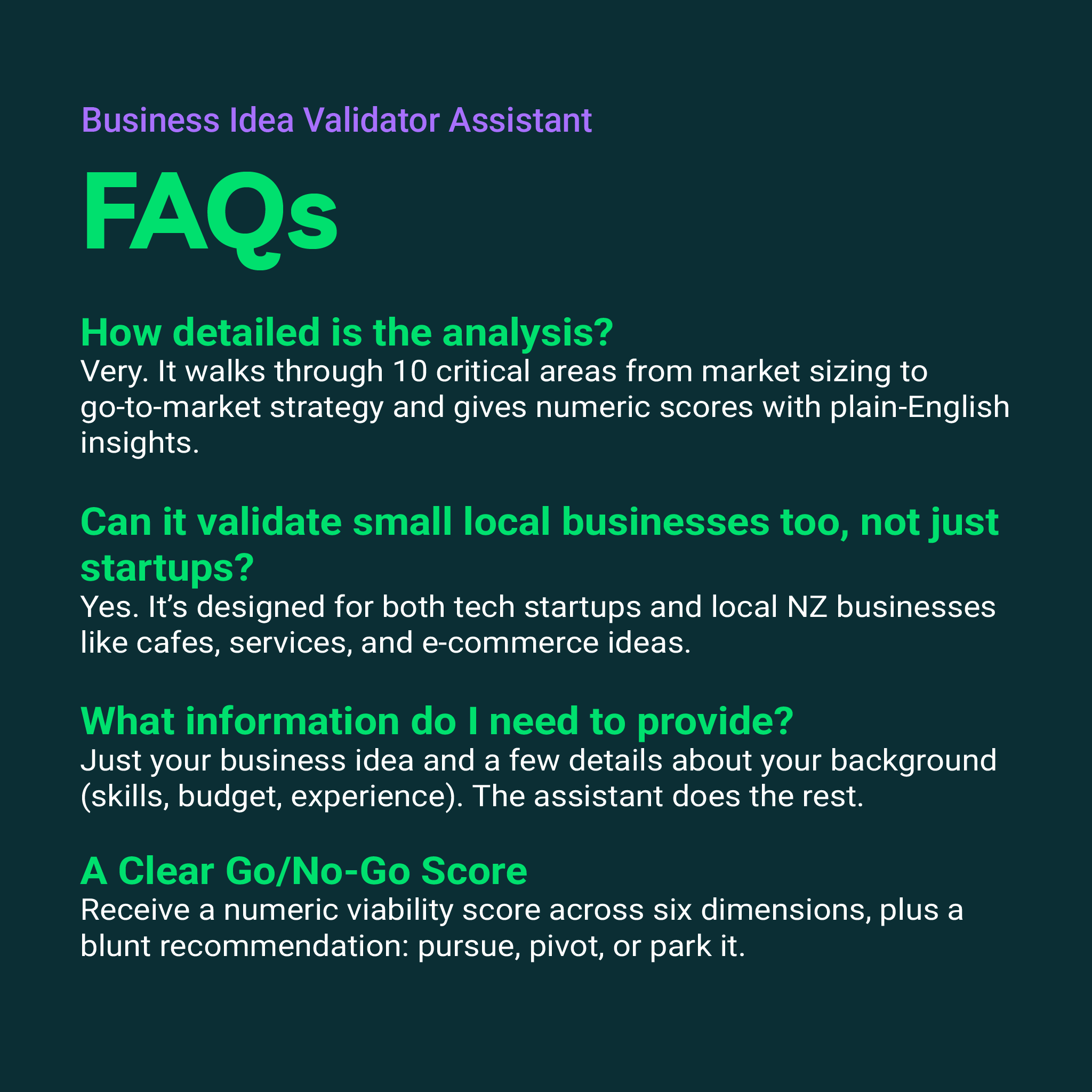 FAQs about a Business Idea Validator Assistant on a dark background