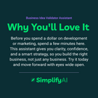 Promotional text for SimplifyAI's Business Idea Validator Assistant on a dark background
