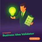 Man in suit holding a light bulb and checklist with 'AI Assistant Business Idea Validator' text on a dark background.