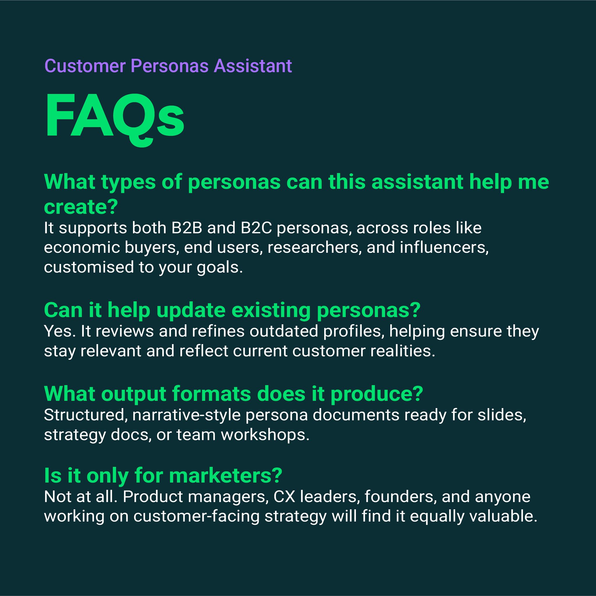 FAQs about a Customer Personas Assistant on a dark background