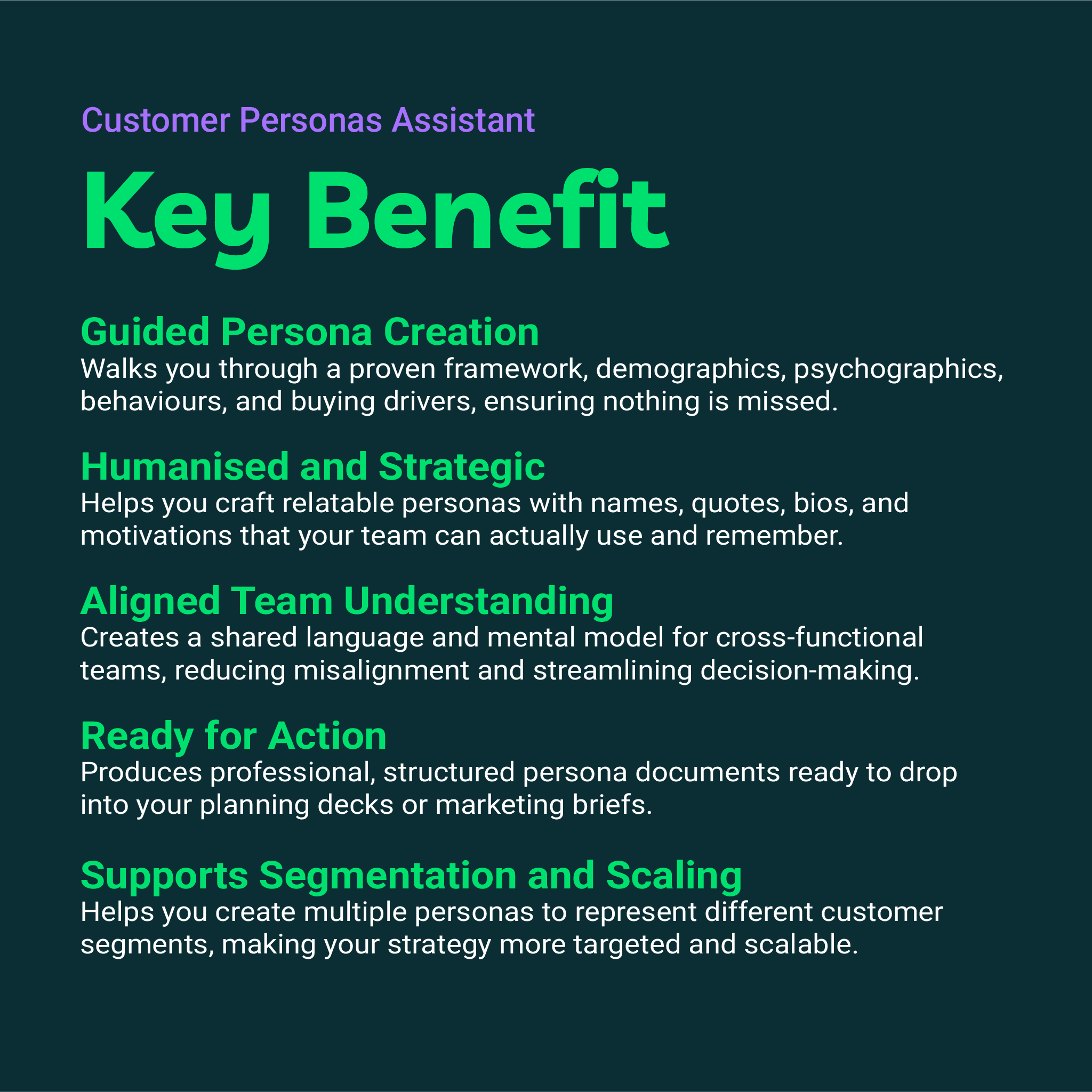 Key benefits of a Customer Personas Assistant tool on a dark background