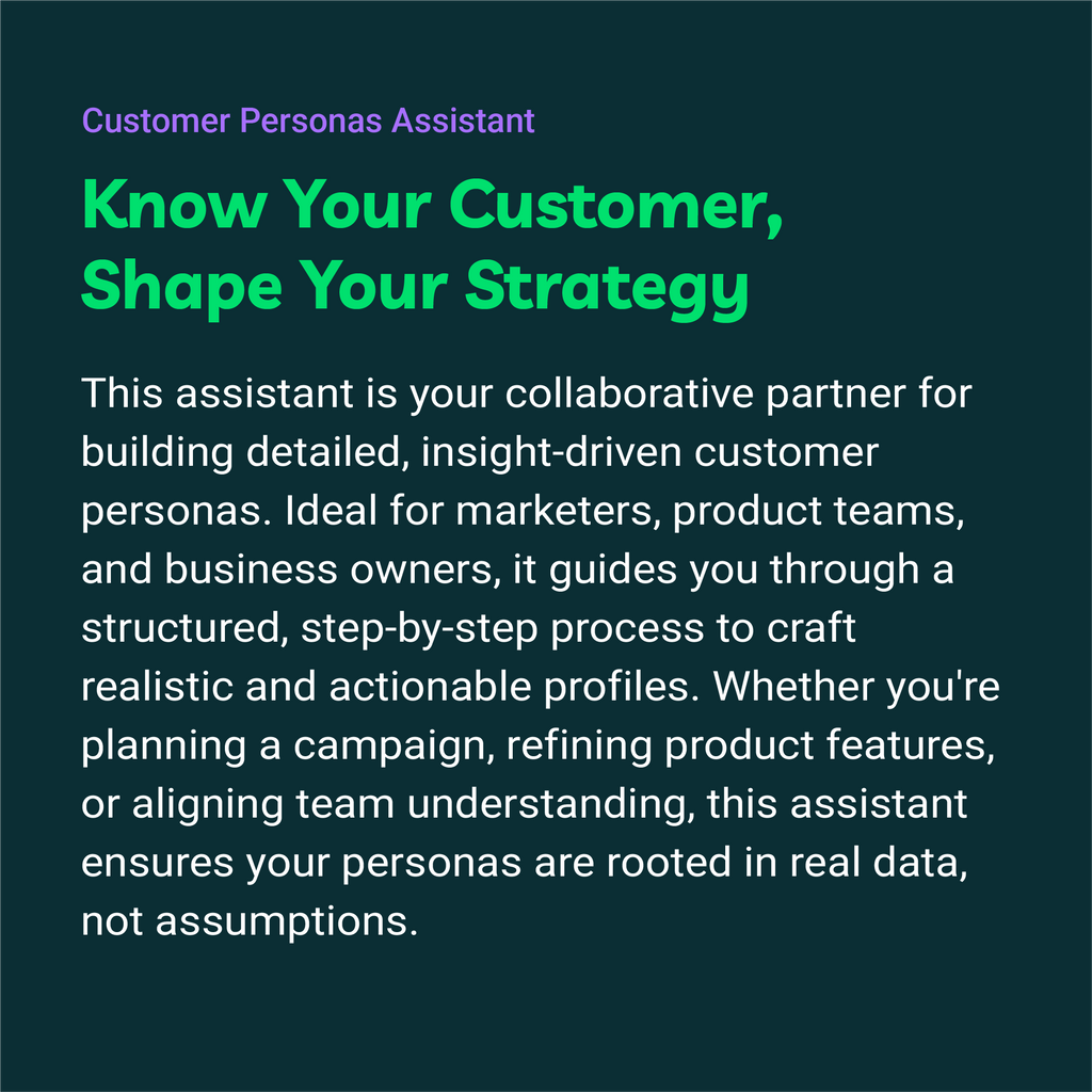 Text description of a customer personas assistant tool on a dark background