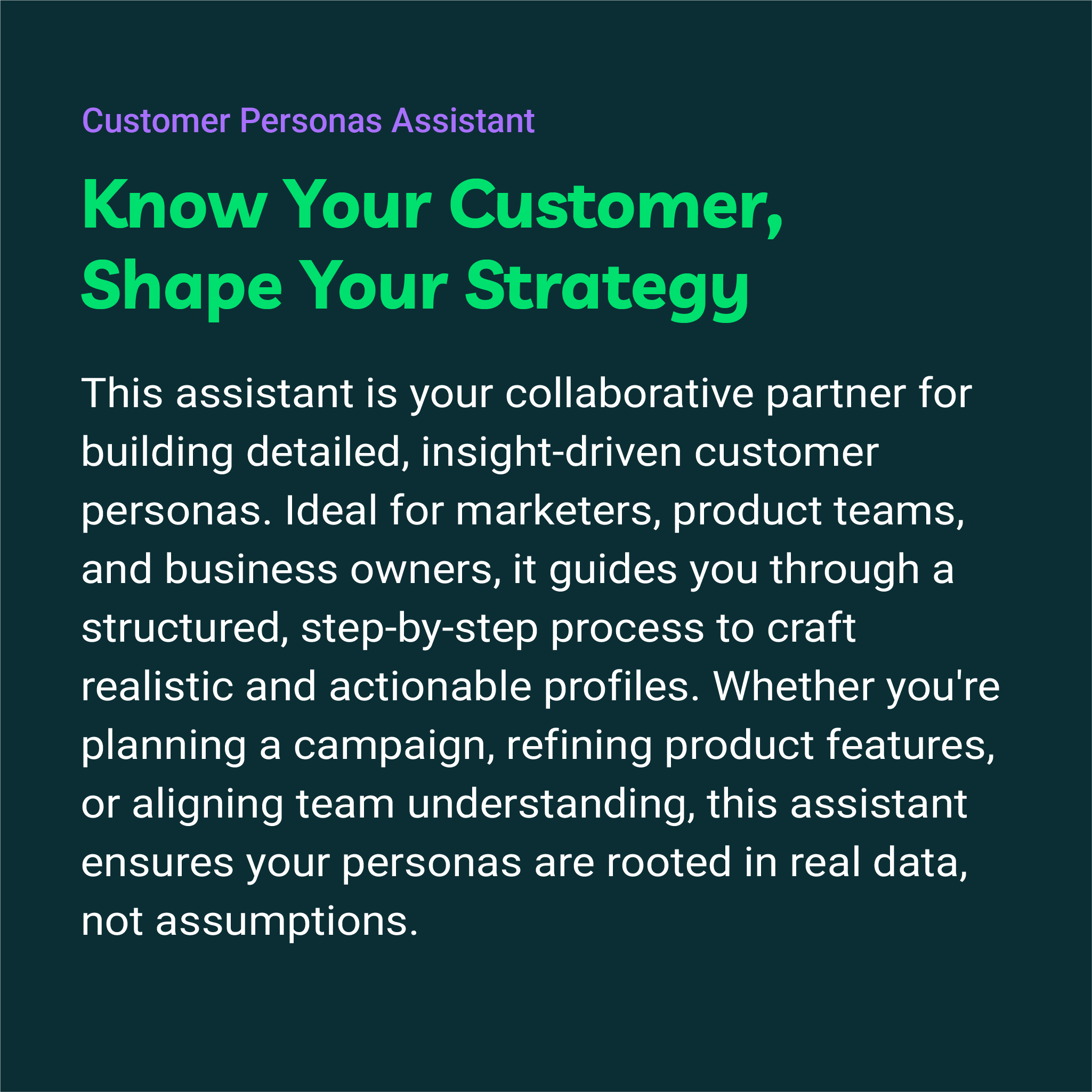 Text description of a customer personas assistant tool on a dark background