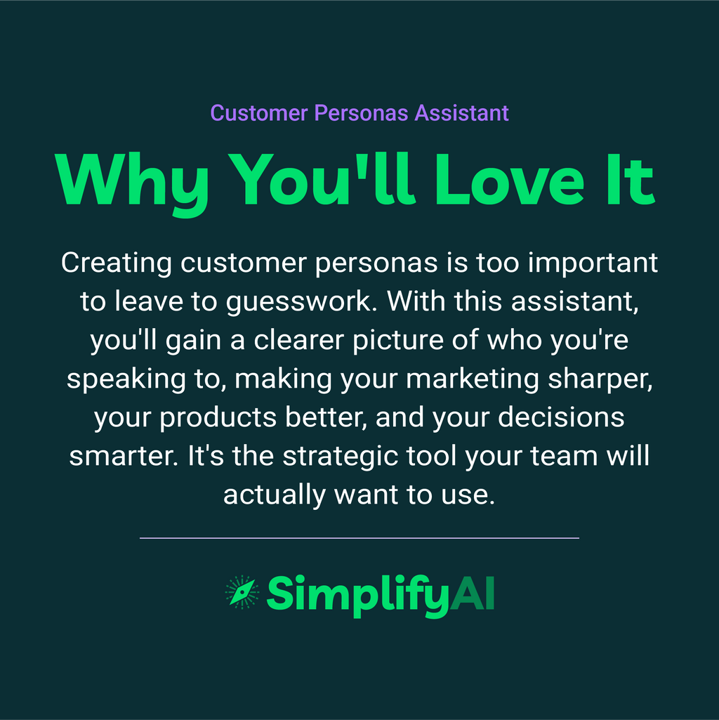 Promotional text for SimplifyAI's Customer Personas Assistant on a dark background