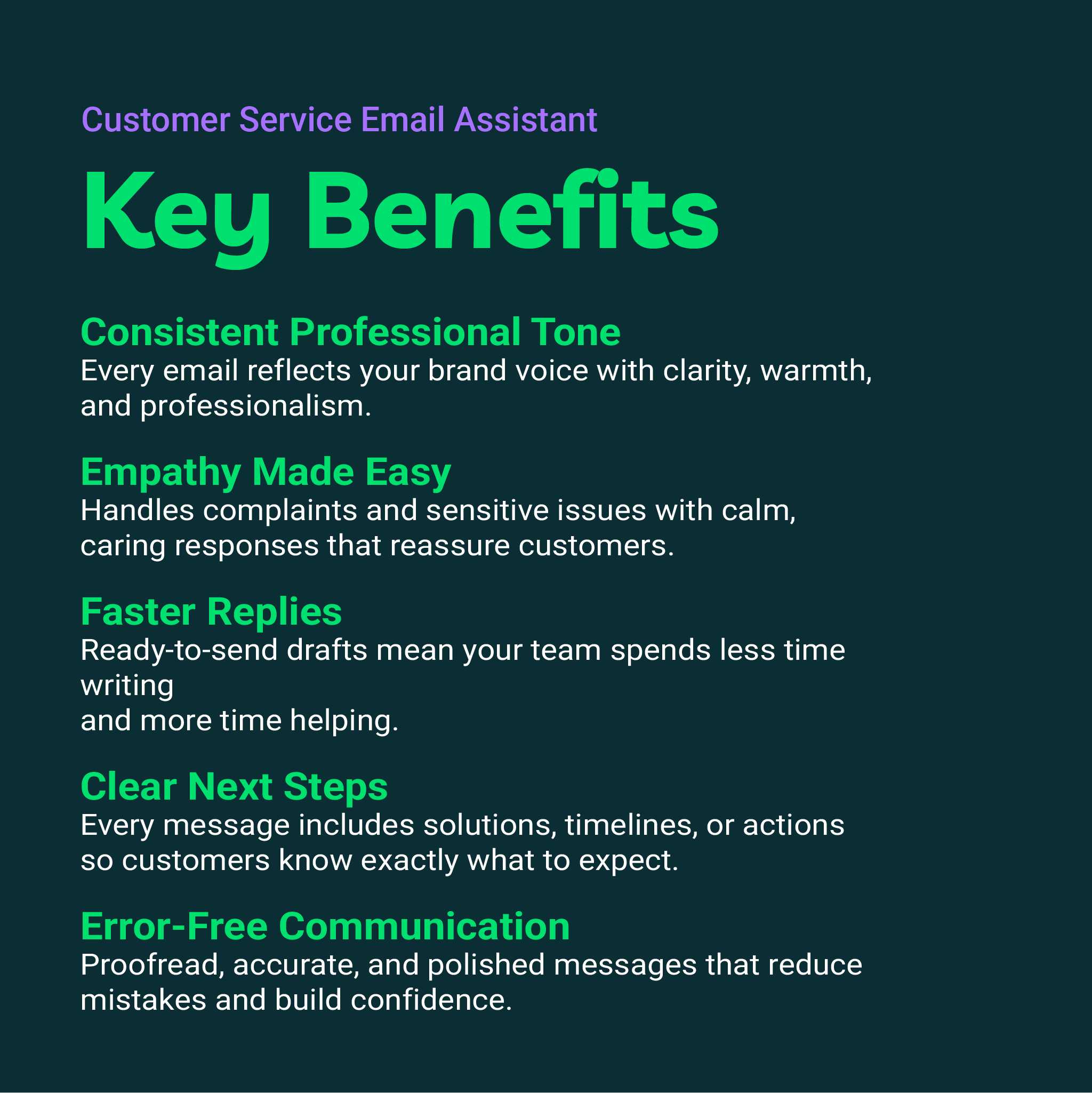 List of key benefits of a Customer Service Email Assistant on a dark background