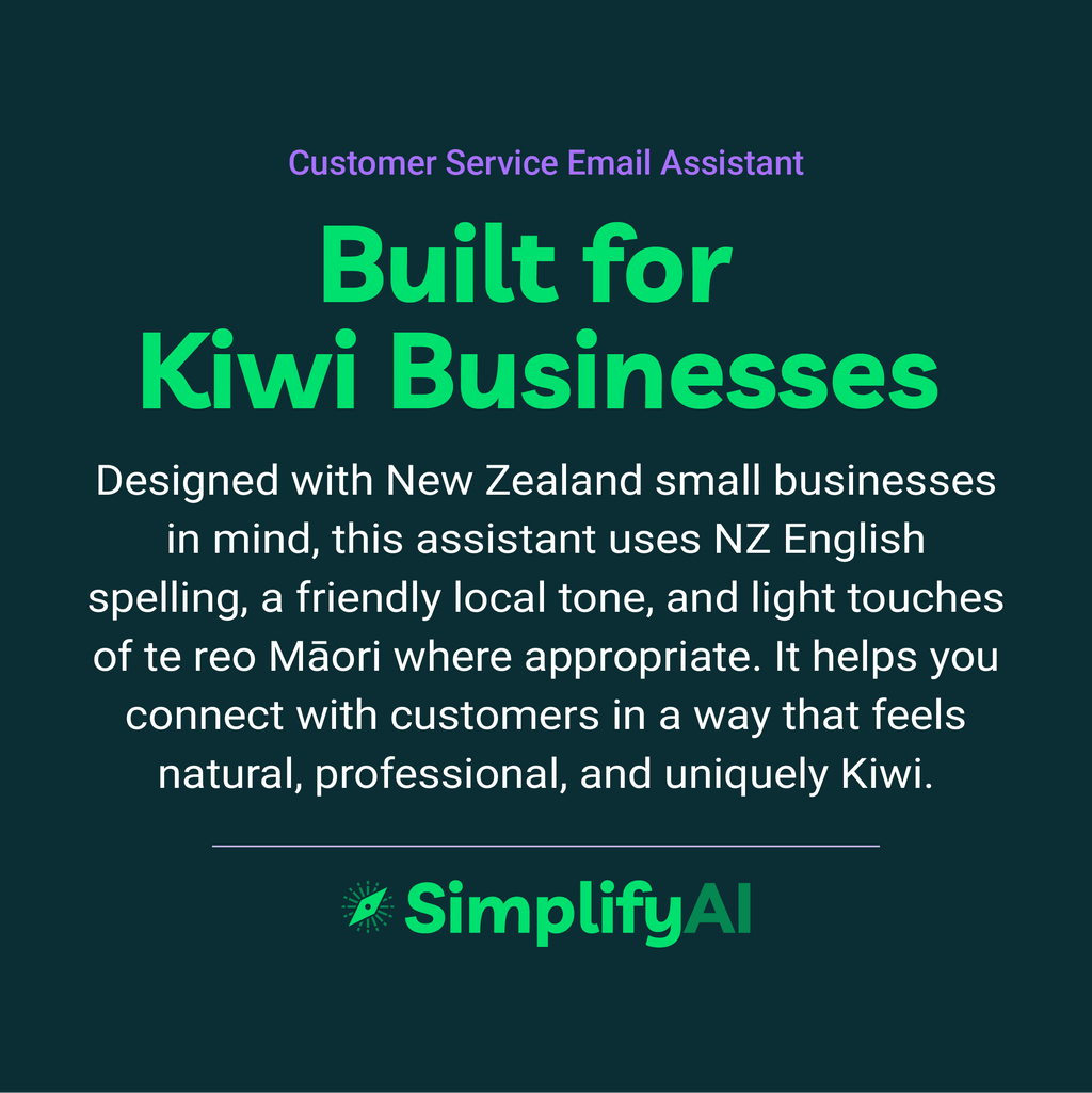Promotional text for SimplifyAI's customer service email assistant on a dark green background