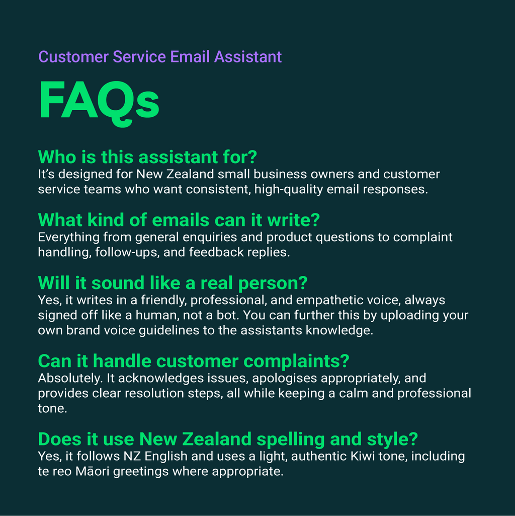 FAQs about a customer service email assistant for New Zealand businesses on a dark background
