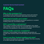 FAQs about a customer service email assistant for New Zealand businesses on a dark background