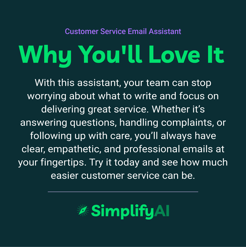 Promotional text for a customer service email assistant with SimplifyAI branding on a dark background.