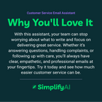 Promotional text for a customer service email assistant with SimplifyAI branding on a dark background.