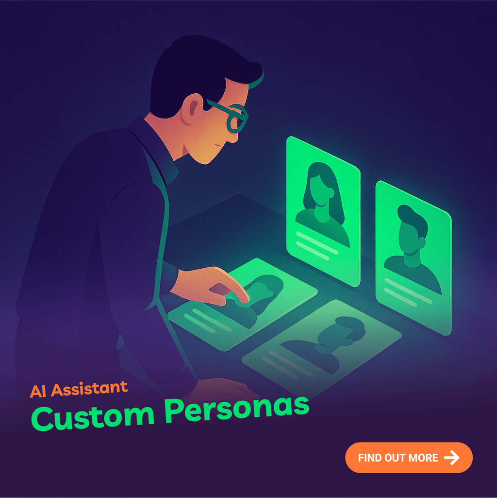 Illustration of a person using an AI assistant with custom personas on a dark background