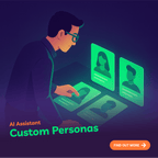 Illustration of a person using an AI assistant with custom personas on a dark background