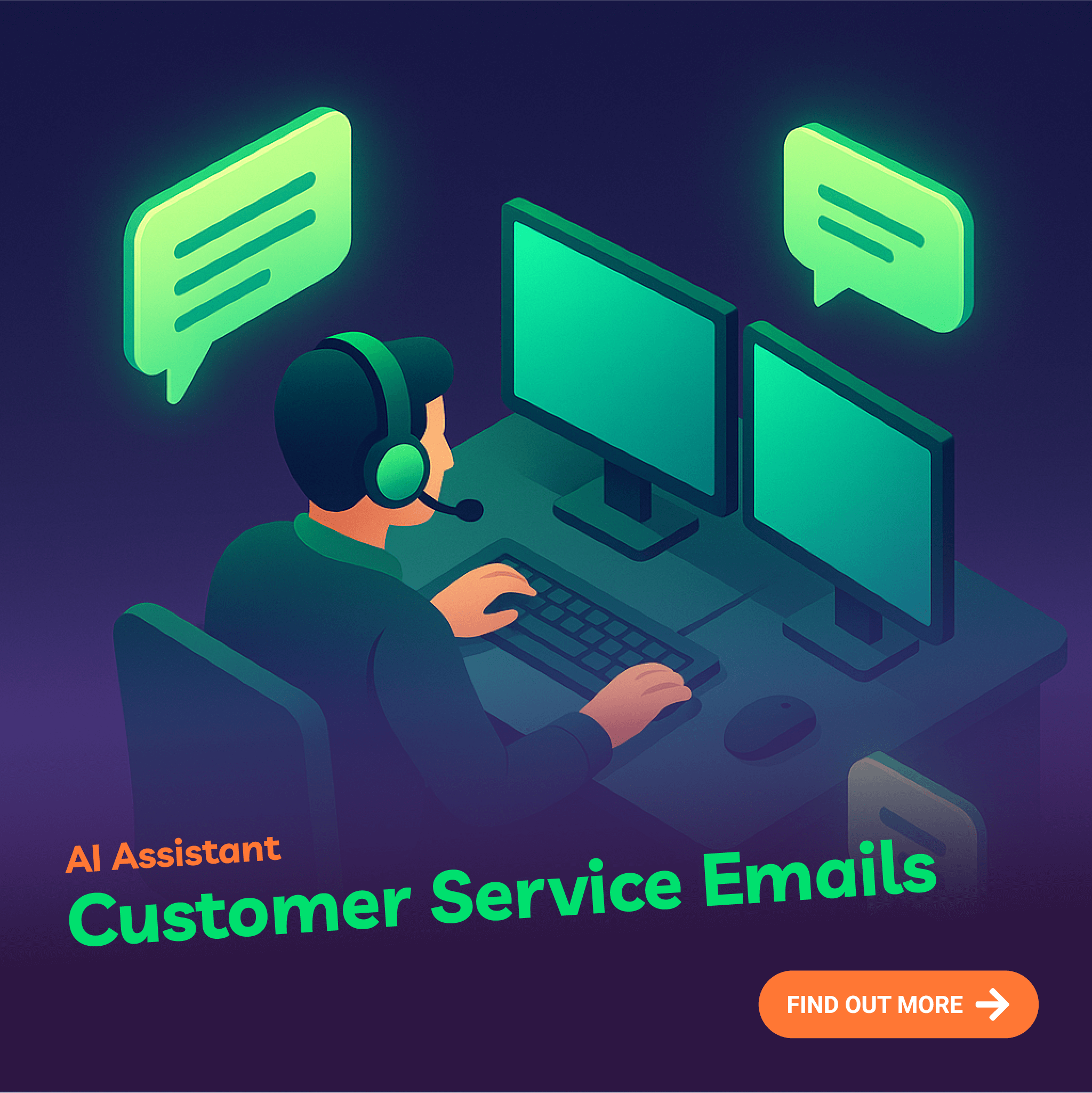 Illustration of a person using a computer with text about AI Assistant Customer Service Emails.