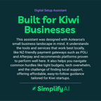 Promotional text for SimplifyAI's digital setup assistant designed for Kiwi businesses on a dark green background.