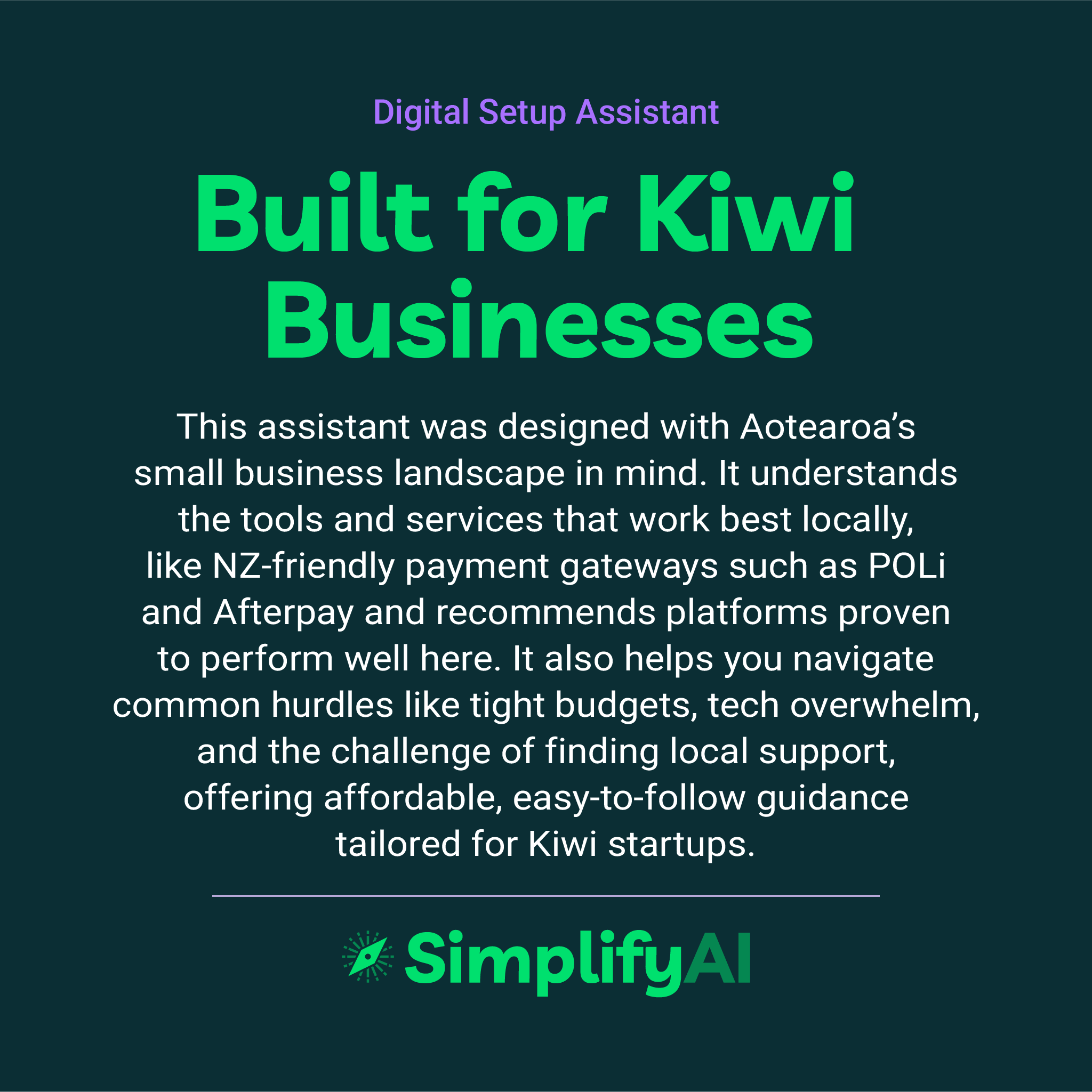 Promotional text for SimplifyAI's digital setup assistant designed for Kiwi businesses on a dark green background.