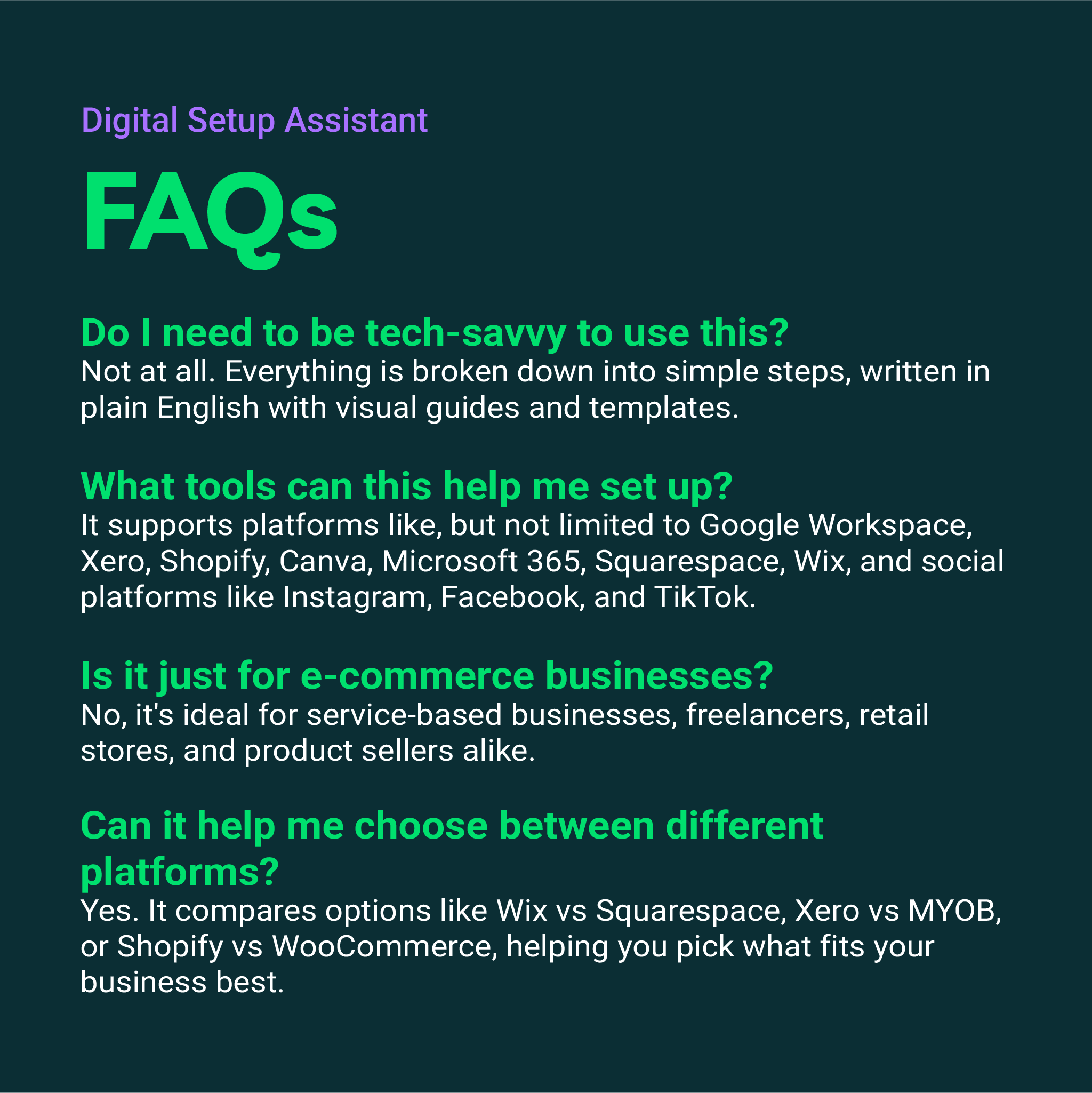 FAQs section of a digital setup assistant on a dark background
