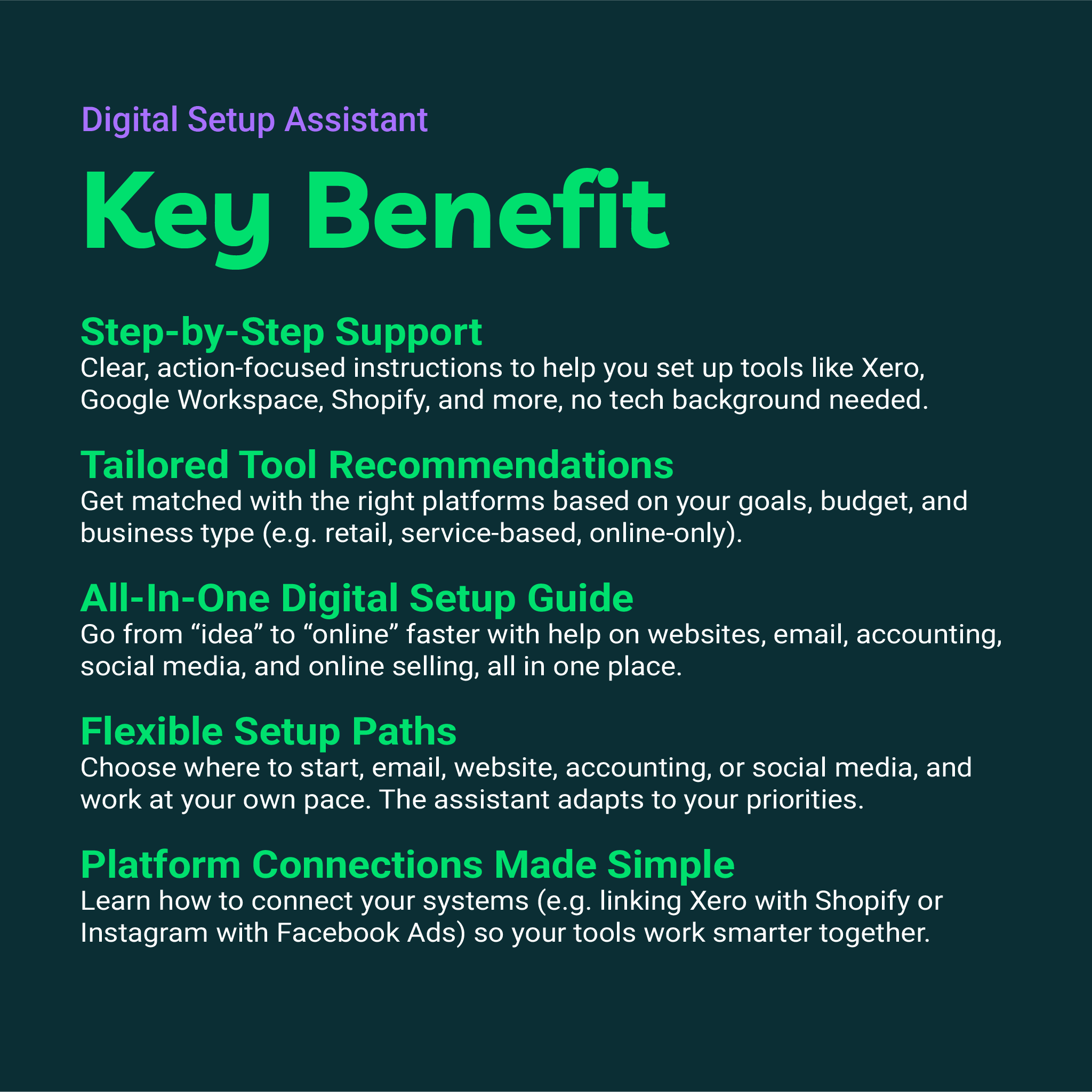 List of key benefits of a Digital Setup Assistant on a dark background