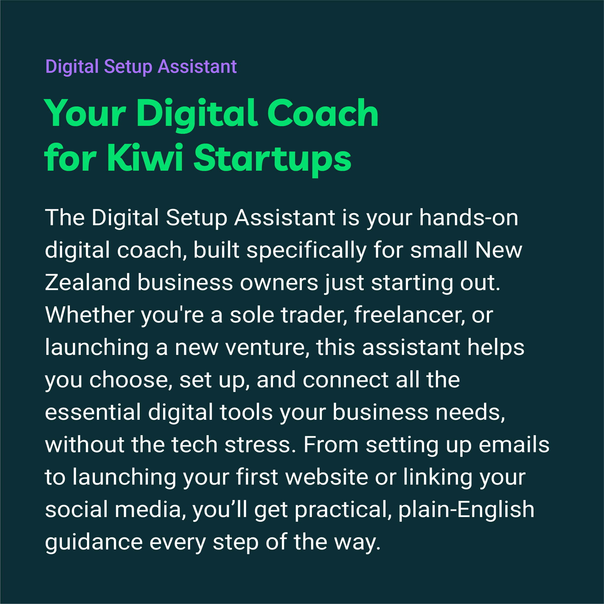 Promotional text for Digital Setup Assistant, a digital coach for Kiwi startups on a dark green background.