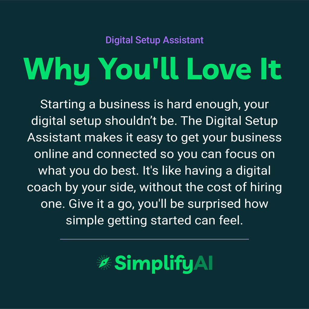 Promotional text for SimplifyAI's Digital Setup Assistant on a dark green background