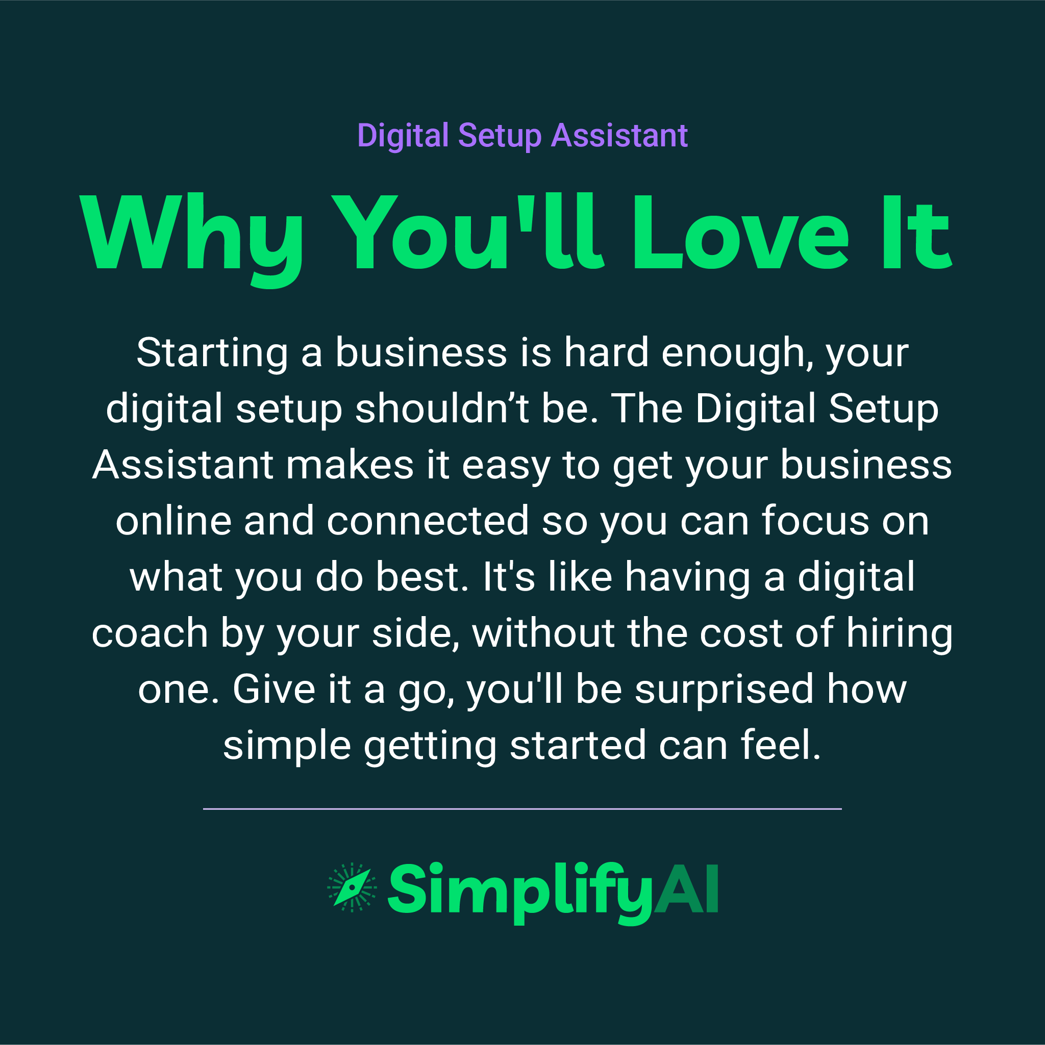 Promotional text for SimplifyAI's Digital Setup Assistant on a dark green background