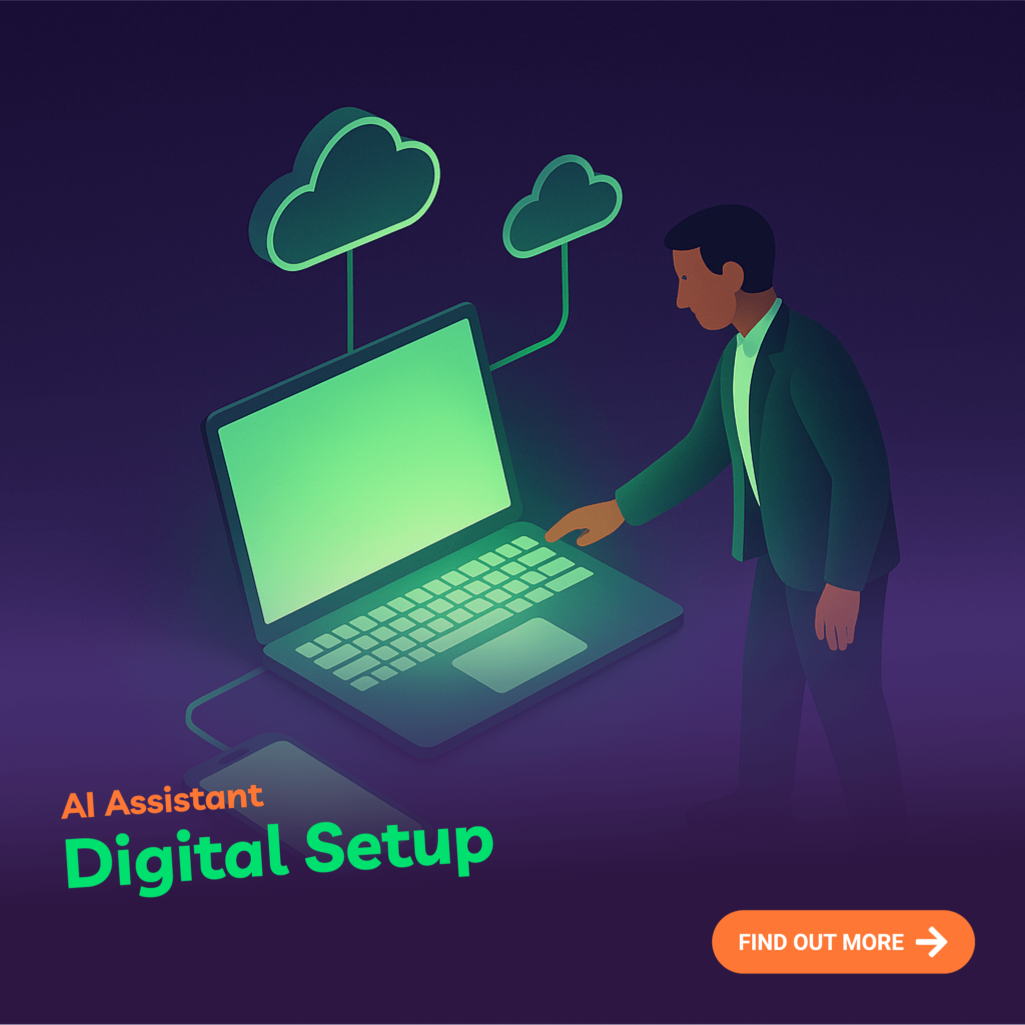 Illustration of a person interacting with a laptop connected to two clouds, with text 'AI Assistant Digital Setup' on a dark purple background.